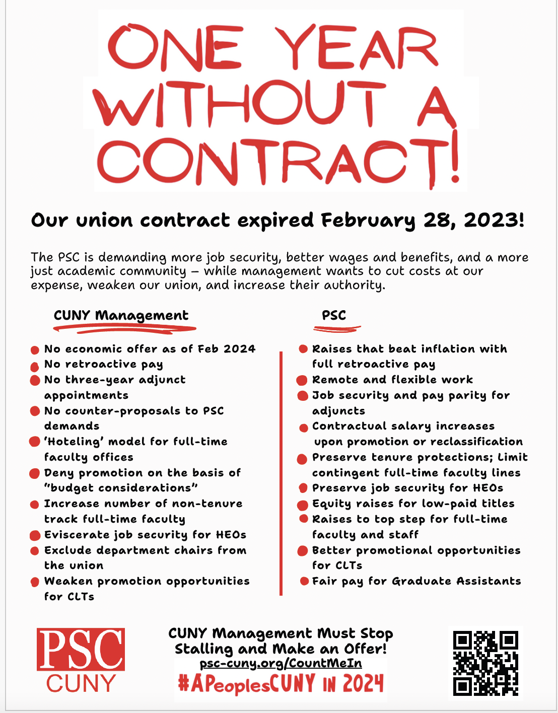 Feb 29: One Year Without A Contract - Queens College PSC Chapter